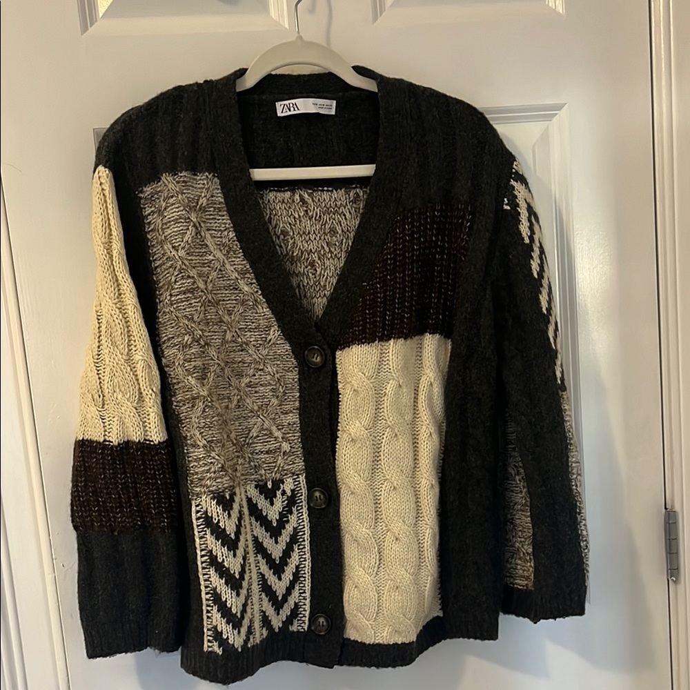 Zara Black and Brown Patchwork Cardigan Sweater
